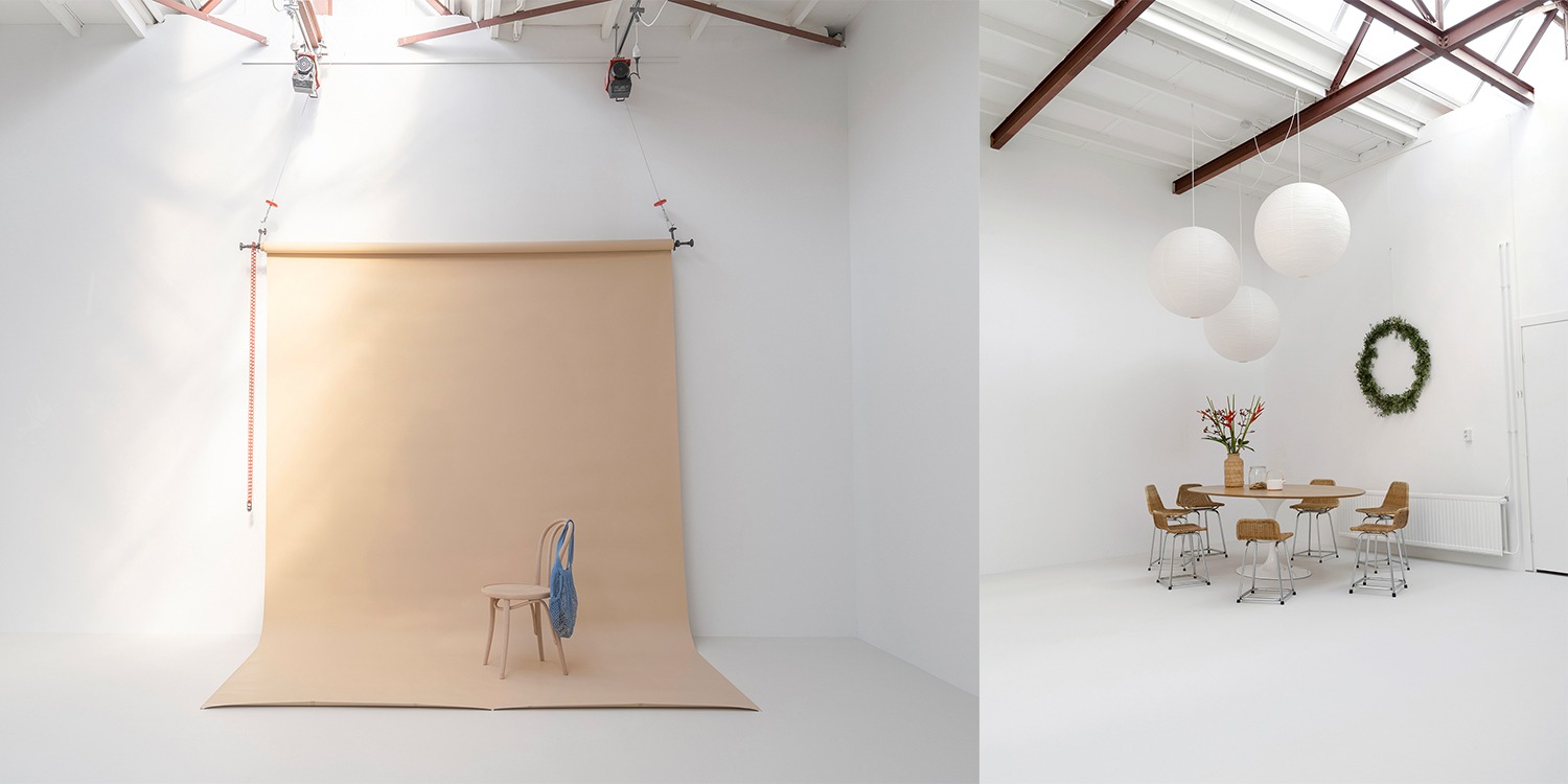 Studio Himli beige limborol in takelsysteem en foto van vergader/lunch tafel